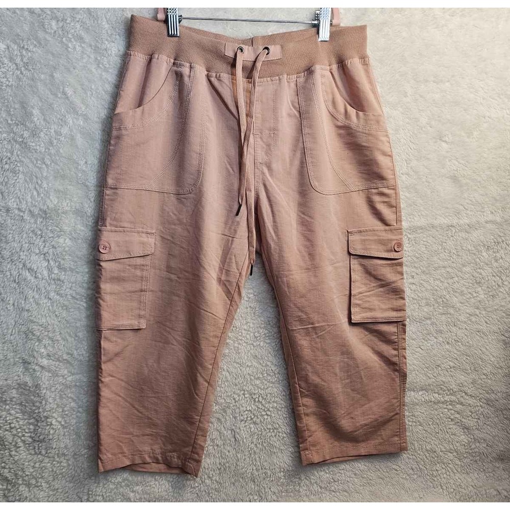 Linen-like Sz L Peach Cargo Capri Pants Drawstring Stretch Waist Pockets‎ #560